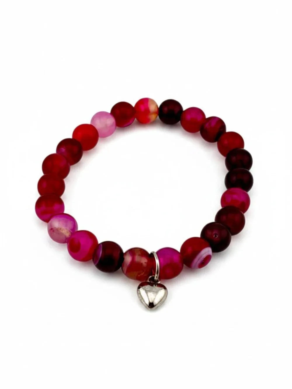 Pink Banded Agate Heart Charm Stretch Bracelet | Fuchsia Beaded Jewelry